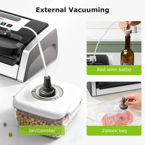 Globefish Technology Vacuum Sealer Machine for home kitchens with external vacuuming feature sealing jar, wine bottle, and bag