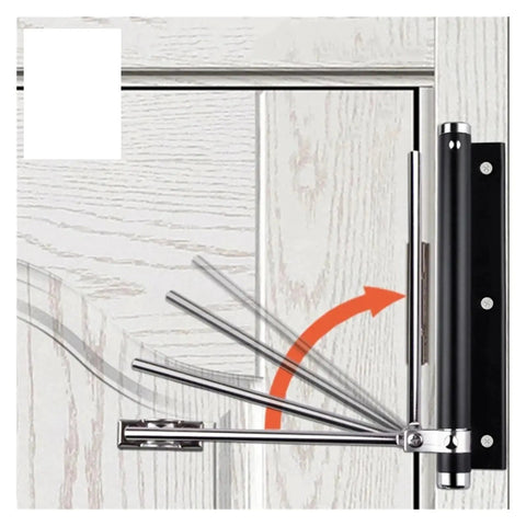 Adjustable Door Closer With Auto Spring Soft Close, Quiet, Easy Install Indoor Door Hardware In Black, attached to door frame