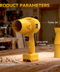 Cordless Leaf Blower For 20V Max Battery Compatibility Mini Turbo Jet Handheld Blower on a workbench with components labeled