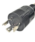 Close-up of NEMA L6-30 locking connector on heavy duty outdoor cable 10 AWG for welders, with nickel plated brass contacts.