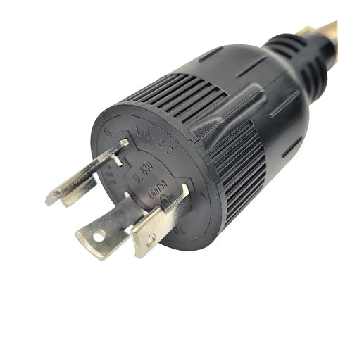 Close-up of NEMA L6-30 locking connector on heavy duty outdoor cable 10 AWG for welders, with nickel plated brass contacts.