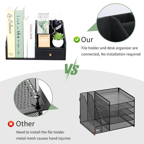 Comparison of a Premium PU Leather Desk Organizer With Drawer And Four Compartments Vertical File Holder And Magazine File Holder Desktop Office Storage In Sleek Black with a metal organizer