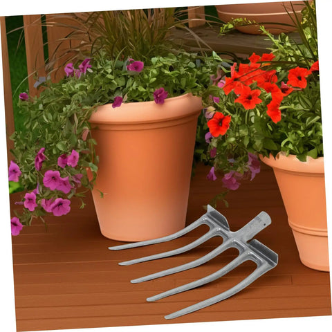 Heavy Duty Steel Garden Fork For Soil Loosening And Planting Area Prep beside flower pots on wooden deck