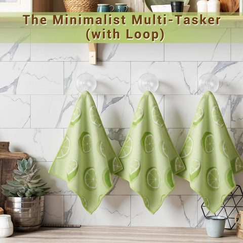 YUA microfiber cleaning cloths, green lemon pattern, set of three towels hanging on hooks.