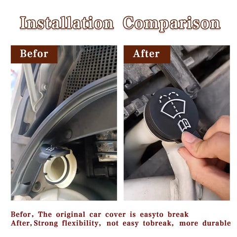 Installation comparison of Washer Fluid Reservoir Cap Replacement for Windshield Wiper Bottle Cover Direct Fit Easy Install Compatible With GMC Chevrolet Buick Cadillac Cars and SUVs OEM Style Cap for Leaks and Cracks