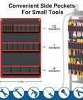 Five Tier Power Tool Organizer Cart With Charging Station And Wheels, Eight Outlet Hub, side view, tool storage pockets