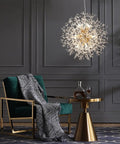 Gold 12 Light Modern Crystal Firework Chandelier With Dandelion Burst Design 21.6 Inch in elegant living room setting