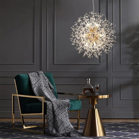 Gold 12 Light Modern Crystal Firework Chandelier With Dandelion Burst Design 21.6 Inch in elegant living room setting