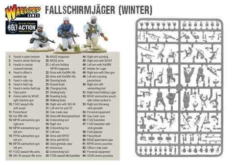 Winter Fallschirmjaeger Bolt Action Platoon Miniatures Pack, unpainted 28mm WW2 German Paratroopers model sprue and assembly guide