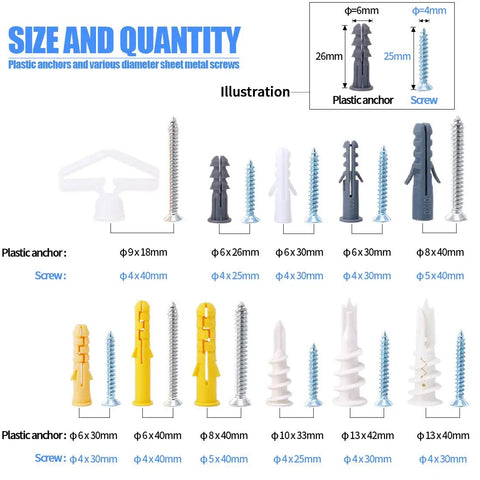Image showing plastic anchors and screws from the 212 Piece Tough As Nails Phillips Flat Head Self Tapping Screw And Ribbed Wall Anchor Assortment Kit.