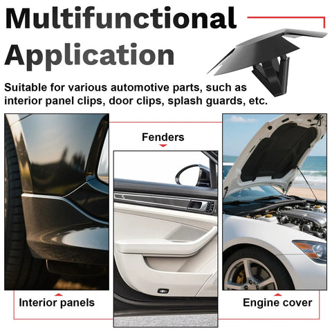 Diagram showing application of 50 Piece Hood Insulation Retainer Clips Kit With 1 Remover Tool Nylon Push Pin Fasteners for automotive parts.