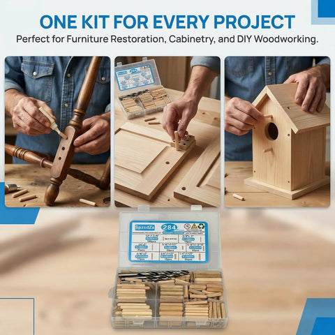 All-In-One 284 Piece Wood Dowel Kit With Eight Sizes And Drill Bits in use for woodworking and crafting projects