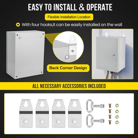 Built Like A Tank IP66 Waterproof Steel Electrical Enclosure For Outdoor Projects, with four hooks for easy wall installation.