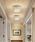 Mini Flush Mount Crystal Chandelier Ceiling Light With G9 Socket For Hallways and Bathrooms mounted in a corridor, 5.89 Inch Height by 8.66 Inch Width, 4 Bulbs Not Included, Sparkly Glam Lighting Upgrade.