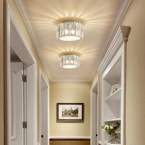 Mini Flush Mount Crystal Chandelier Ceiling Light With G9 Socket For Hallways and Bathrooms mounted in a corridor, 5.89 Inch Height by 8.66 Inch Width, 4 Bulbs Not Included, Sparkly Glam Lighting Upgrade.