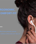 Person wearing Two Pack USB C Earbuds With Mic And Remote For iPhone 15 16 17, Wired Noise Cancelling Headphones, close-up view.