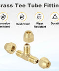 Solid 1/4 Inch SAE Male Flare Tube Fitting Gonna Fit Copper Pipes Perfectly With Top Notch Brass Build And Tight Locking Nuts For Heavy Duty Plumbing And Gear Line Setup. Brass tee fitting with three connectors.