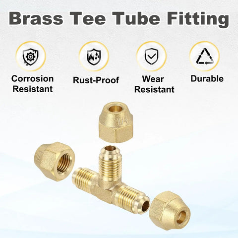 Solid 1/4 Inch SAE Male Flare Tube Fitting Gonna Fit Copper Pipes Perfectly With Top Notch Brass Build And Tight Locking Nuts For Heavy Duty Plumbing And Gear Line Setup. Brass tee fitting with three connectors.