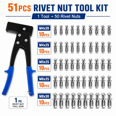 Heavy Duty Fifty One Piece Flower Nuts Screws Kit With Metric M4 M5 M6 M8 Expansion Rivets And Quick Mount Tap Wrench for car panel patching, showing tool and rivet nuts.