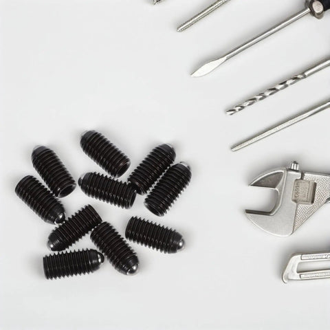 10PC Carbon Steel Ball Head Spring Plunger Grub Screws Featuring Knurled Caps And Load Bearing Springs arranged on a white surface.