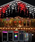 Outdoor Waterproof Icicle Lights With App Control Dope Programmable 299 Color Changing Fairy LEDs on a decorated house