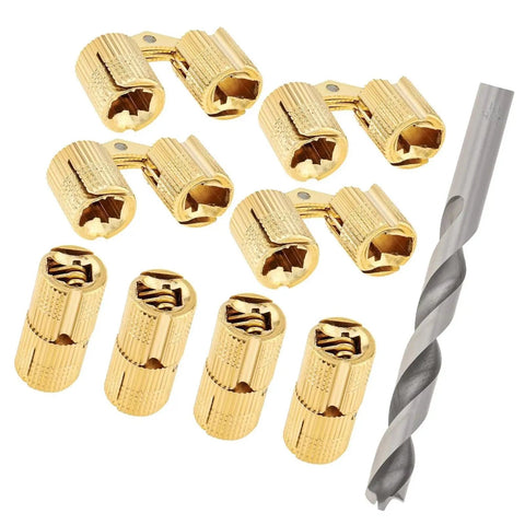 Brass cabinet hinges set with drill bit for easy hidden mounting, 10mm barrel, 180 degree opening, invisible mount, 8-piece