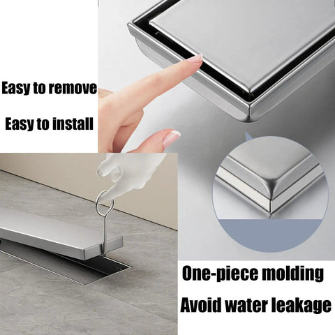 Heavy Duty Brushed Stainless Steel Linear Shower Drain With Reversible Cover And Removable Grate For Custom Tile Trim And Slick Low Profile Bath Floor Drainage, showing easy installation and removal features.