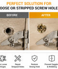 Before and after fixing wobbly cabinet door with 6x14mm expansion anchor screws kit 100pcs for stripped screw holes hinge repair
