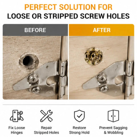 Before and after fixing wobbly cabinet door with 6x14mm expansion anchor screws kit 100pcs for stripped screw holes hinge repair