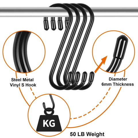 10 Pack 6 Inch Heavy Duty Vinyl Coated S Hooks Non Slip Black hanging on a rod, showing thickness and weight capacity