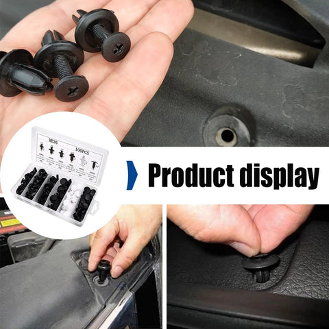 Hands demonstrating 100 Piece Car Bumper Clips Set With Storage Box, 6 Sizes Plastic Retainer Push Pin Rivets For Fenders And Body Trim