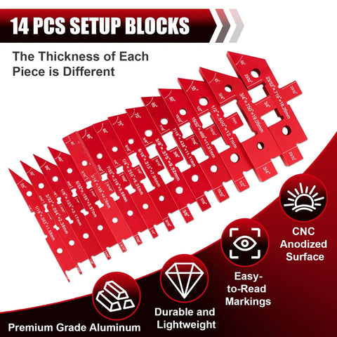 14 Pc Aluminum Setup Blocks for Woodworking, Pro Grade Precision Router and Table Saw Setup Bars displayed with features