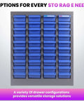 40 Drawer Parts Cabinet With ABS Drawers And Dividers, Pro Grade Heavy Duty Steel Bolt Organizer shown with blue drawers in front view