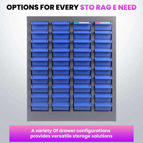 40 Drawer Parts Cabinet With ABS Drawers And Dividers, Pro Grade Heavy Duty Steel Bolt Organizer shown with blue drawers in front view