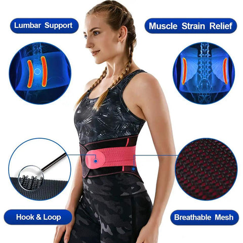 Slip On This Breathable Lumbar Support Belt To Lock Firm Compression And Fast Lower Back Pain Relief While Quieting Sciatica Kinks So You Can Crush Your Daily Grind Without Skipping Steps with red breathable mesh and hook & loop design.