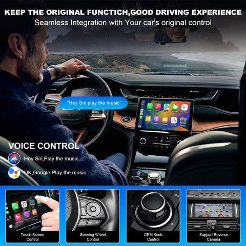 Interior view showing Mercedes Benz Wireless CarPlay Retrofit Kit Decoder Module installed, with voice and touch screen controls.
