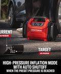 Dual Power Tire Inflator Portable Air Compressor With 12V Car Plug And 120V Home Use Up To 150 PSI Digital Gauge Auto Shut Off LED Light Handy Air Pump For Cars Bikes And Inflatables displaying pressure readings on LCD near car