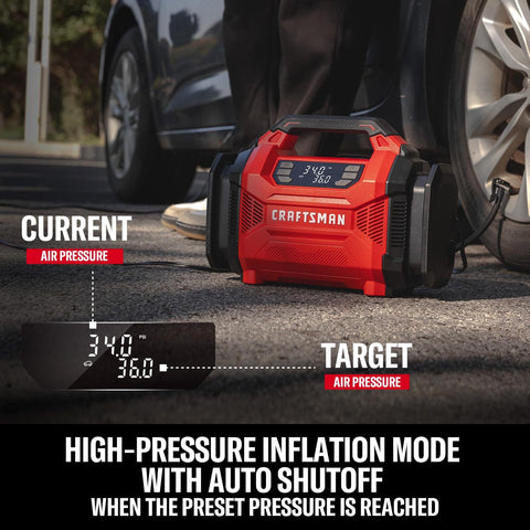 Dual Power Tire Inflator Portable Air Compressor With 12V Car Plug And 120V Home Use Up To 150 PSI Digital Gauge Auto Shut Off LED Light Handy Air Pump For Cars Bikes And Inflatables displaying pressure readings on LCD near car