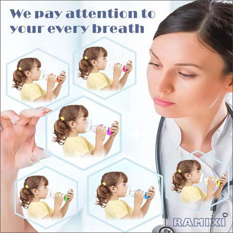 Young girl using Inhaler Spacer For Adults And Kids NESSI OTC Spacer Green with Visual Airflow Indicator and Tight Seal