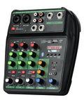 Front angled view of 4 Channel Pro DJ Mixer With 99 DSP Effects, Bluetooth Streaming, USB Recording, beginner-friendly console.
