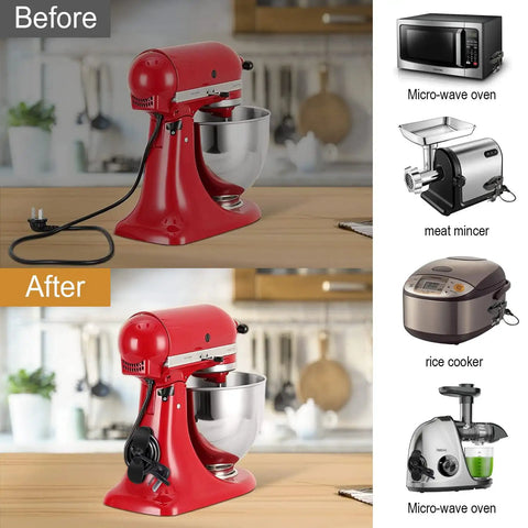 Upgraded Kitchen Cord Organizer For Appliances Cord Keeper And Winder Lets You Tidy Cords From Air Fryer To Coffee Maker With Strong Sticky Mount No More Cable Chaos BPA Free TPR Silicone And Built To Last, before and after use on red mixer