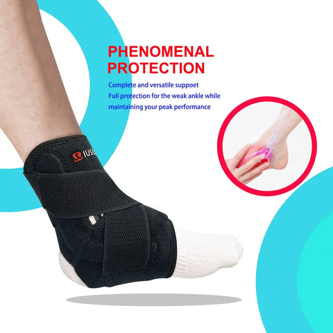 Ankle Brace For Women And Men With Compression Foot Support For Sprained Ankles Injury Recovery Pain Relief For Running And Basketball Medium Size All Day Comfy on foot with white sock, showcasing side view and support straps.