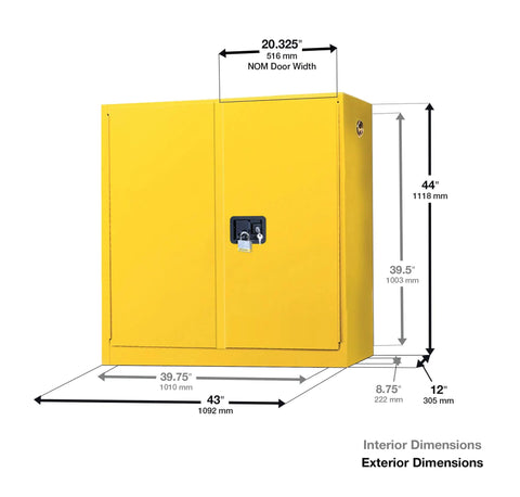 Twenty Four Gallon Fire Rated Flammable Storage Cabinet Self Closing Shop Grade Tank For Secure Chemical Control Made In Usa side view with dimensions