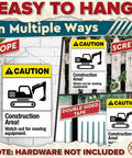Rugged Aluminum Construction Area Warning Sign 8x12 Inch showing multiple hanging options for worksite outdoor use.