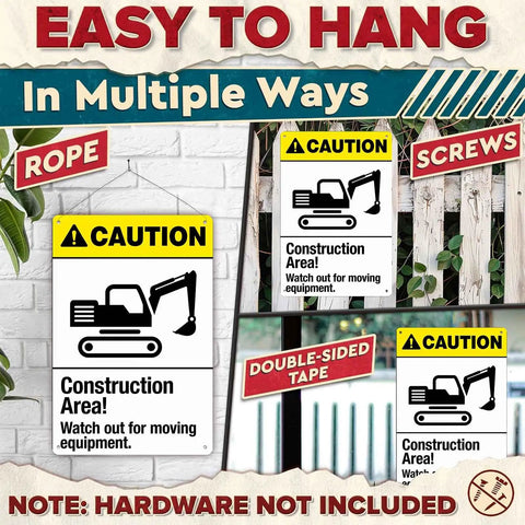 Rugged Aluminum Construction Area Warning Sign 8x12 Inch showing multiple hanging options for worksite outdoor use.