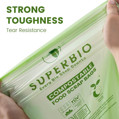 Heavy Duty 13 Gallon Compostable Kitchen Trash Bags Fifty Count Flat Top Bpi Certified Biodegradable Eco Friendly Liners showcasing strong toughness and tear resistance.