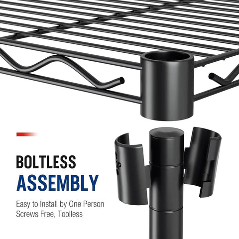 Boltless assembly detail of 5 Tier Heavy Duty Wire Shelving Rack With Raised Edges And Oil Resistant Baked Finish.