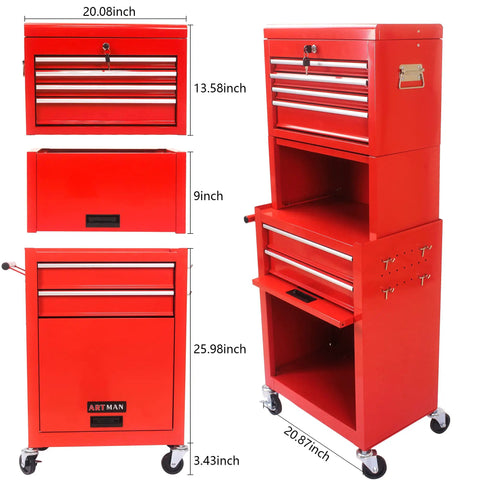 Heavy Duty 6 Drawer Rolling Tool Chest With Lockable Mobile Cabinet For Garage Workshop Rock Solid Steel Frame shown from multiple angles with measurements.