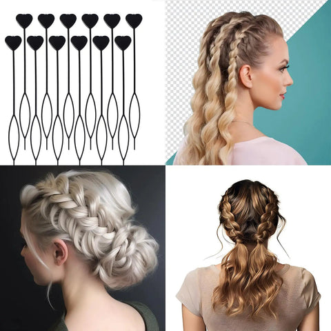 12 Pack Hair Beader Tools For Braids With Beads And Ponytails, Hair Pull Through Loop Set For Girls, Easy DIY Braiding Accessory Kit For Beaded Styles, 7.87 Inch Sticks For Quick And Creative Hairstyles. 12 black flexible hair beader tools and braided hairstyle examples