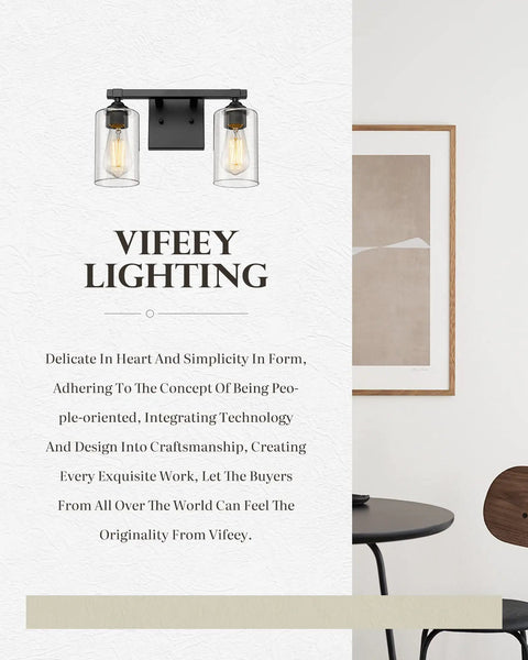 Farmhouse Vanity Light Two Light Fixture With Clear Glass Shades, Sleek Matte Black Wall Mount shown in a modern room setting